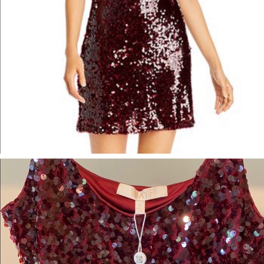 WAYF NWT Wine-Burgundyspaghetti strap sequence, mini dress SZ: Medium - Picture 5 of 9
